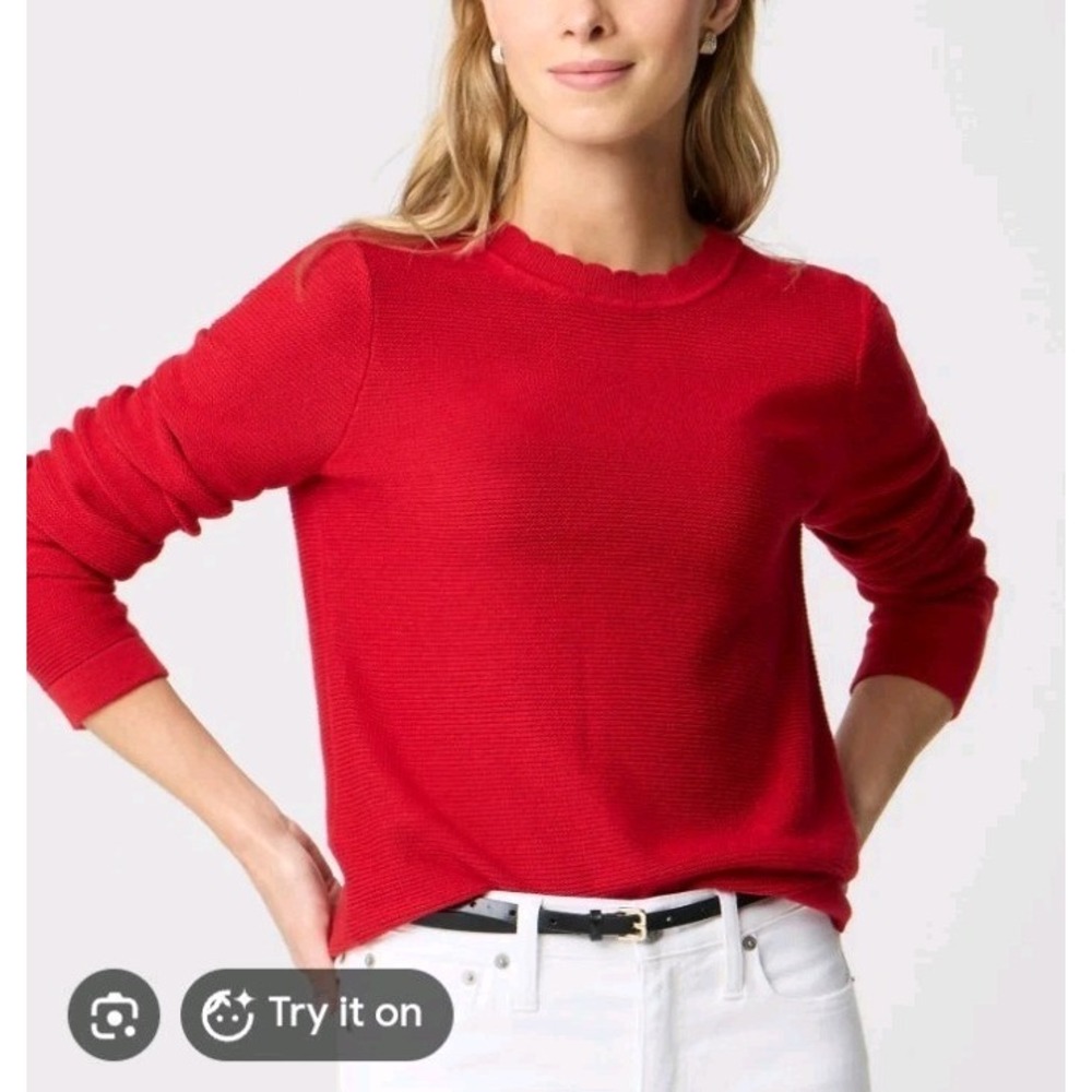 J Crew Scalloped Crew‎ Neck Sweater Womens Large Red Classic Office Preppy